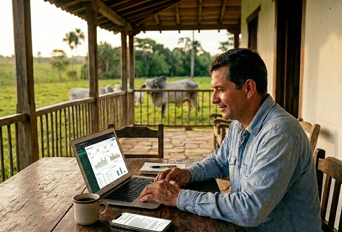 Dashboard de gestión ganadera con finanzas y KPIs de la finca en una laptop