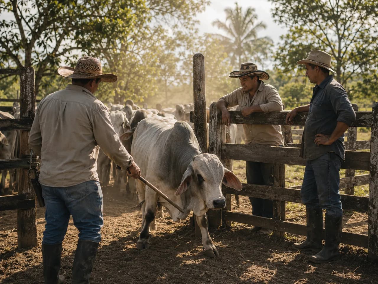 Equipo de la finca manejando ganado cebú en el corral