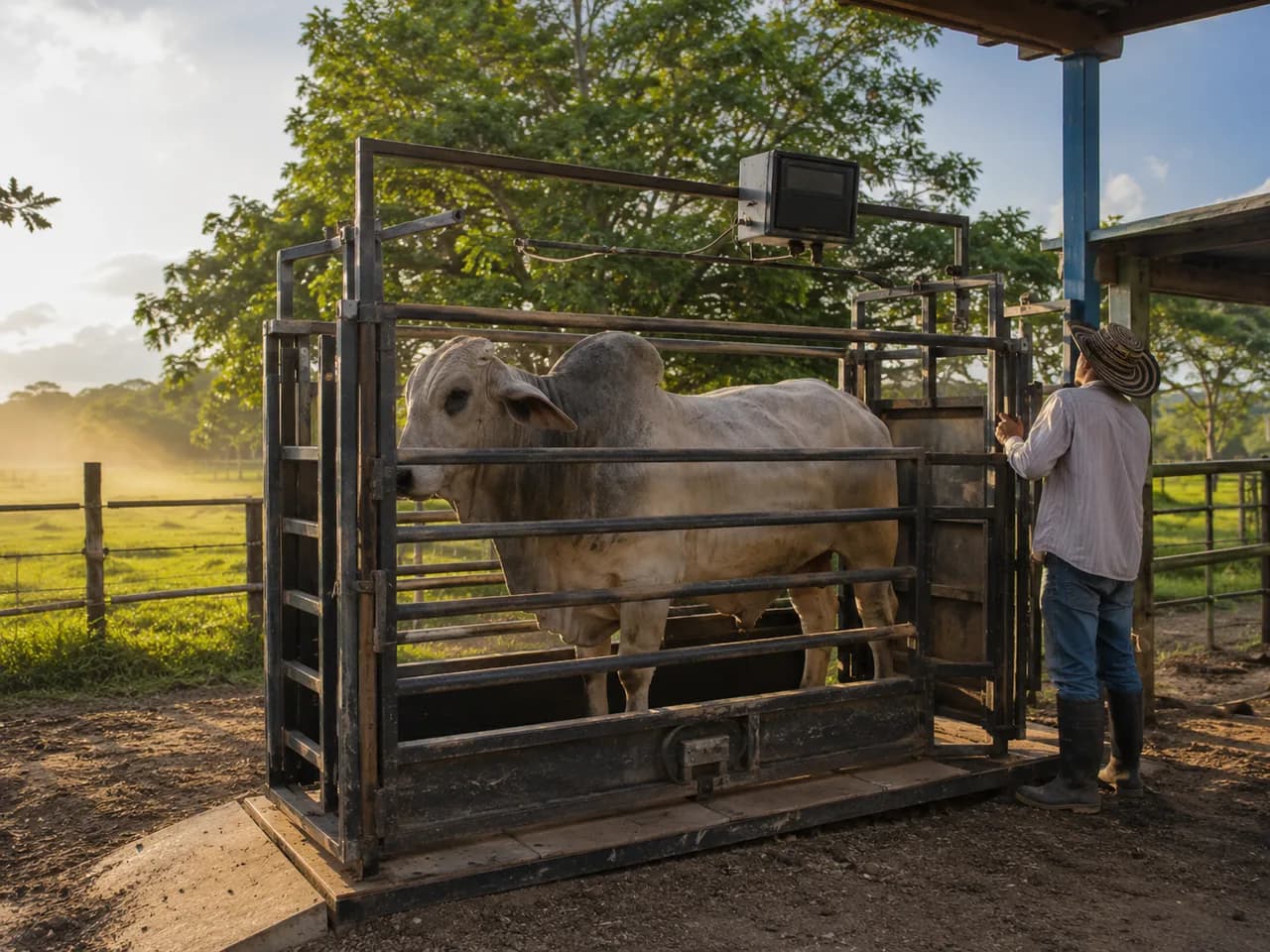Pesaje de ganado cebú en la báscula de la finca