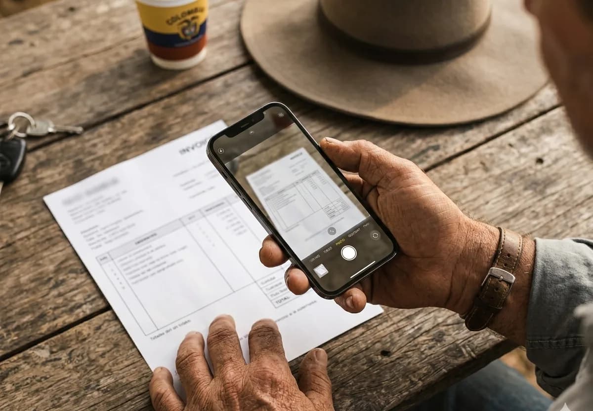 Tomando foto a una factura para registrar el gasto con la app ganadera